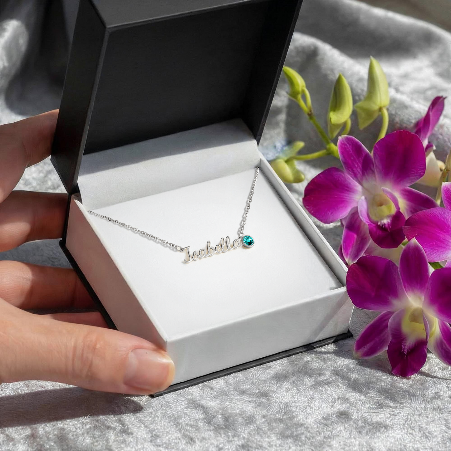 Custom Name Necklace with Birthstone – Personalized Cursive Pendant
